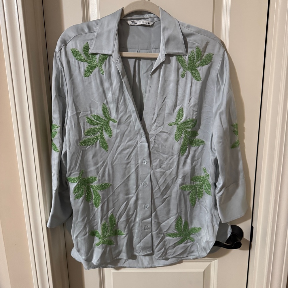 Zara Seed Bead Embroidered Palm Leaf Satin Button Up Shirt